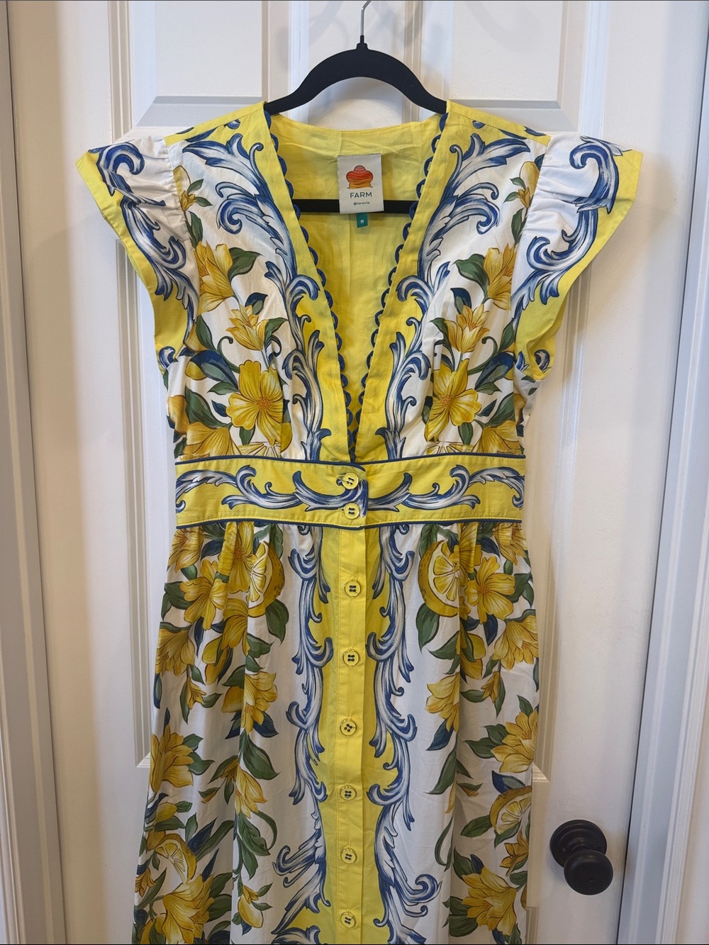 Farm Rio Yellow Mediterranean Sicily Scarf Lemon Tile Dress Medium - Picture 2 of 7